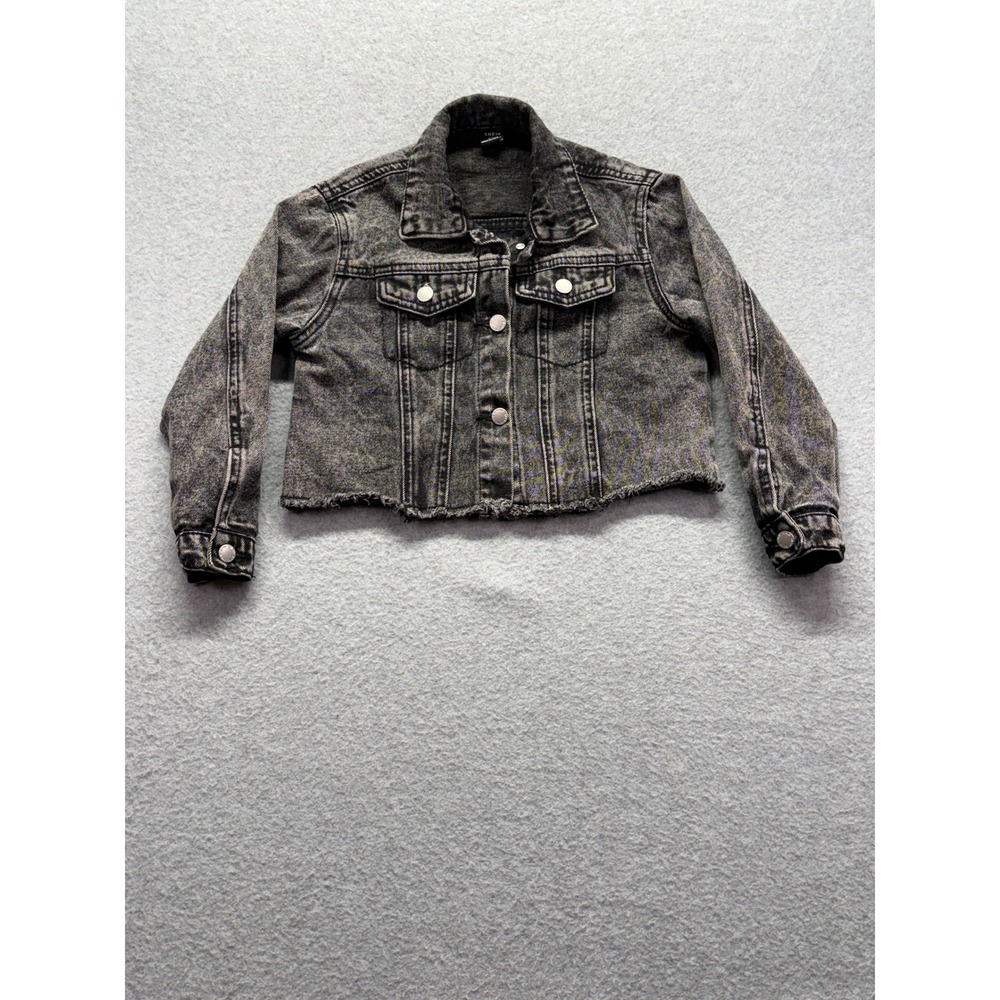 SHEIN Kids Girls Acid Black Denim Jacket Raw Hem Cropped Trucker Size 6Y